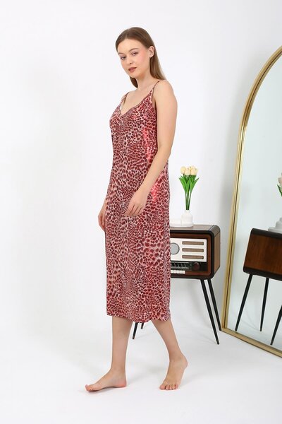 Akbeniz 7415 Model Red Shiny Micro Nightgown Dress - Long with Rope Strap