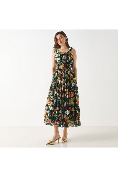 2Xtremz All-Over Floral Print Sleeveless Dress with Shirred Detail