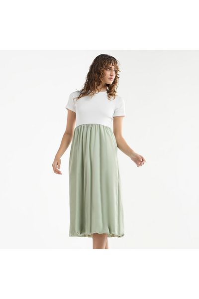 FAV Colourblock A-line Dress with Round Neck and Short Sleeves