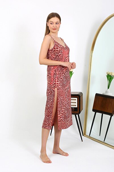 Akbeniz 7415 Model Red Shiny Micro Nightgown Dress - Long with Rope Strap