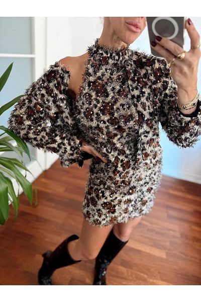 Maldia Shop Γυναικείο Leopard Feather Κρεμ φόρεμα με λαιμόκοψη