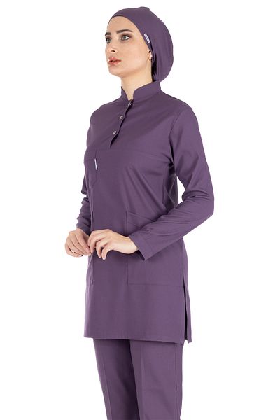 Alsancak Üniforma Set de tricou pentru asistentă hijab din țesătură groasă din Lycra de prune și set de tricou pentru doctor hijab