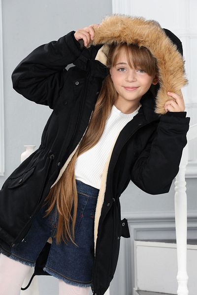 Asortix Girl's Waterproof Removable Hooded Plush Fur Lined Long Coat Coat