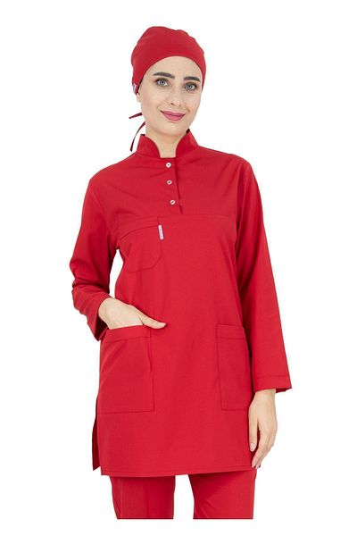 Alsancak Üniforma Red Thin Fabric Lycra Hijab Nurse Jersey And Hijab Doctor Jersey Set