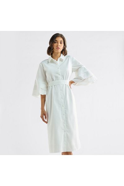 FAV Solid Shirt Dress with Ruffle Sleeves and Belt