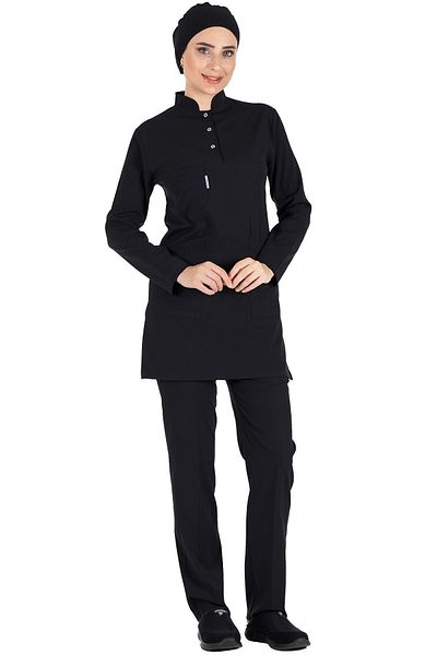 Alsancak Üniforma Tricou de asistentă Hijab din Lycra din țesătură groasă neagră și set de tricou pentru medic chirurgical