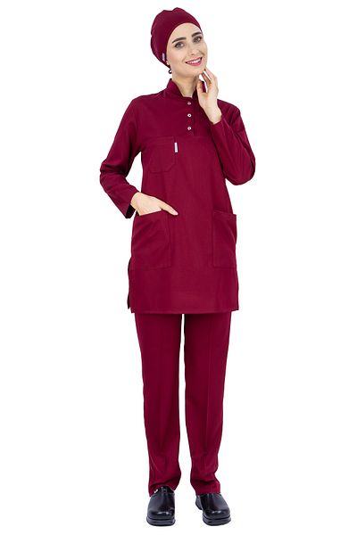 Alsancak Üniforma Set din țesătură subțire din lycra roșu Claret Hijab Nurse și Hijab Doctor