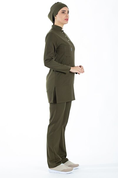 Alsancak Üniforma Khaki Green Thin Fabric Lycra Hijab Nurse Jersey and Hijab Doctor's Jersey Set