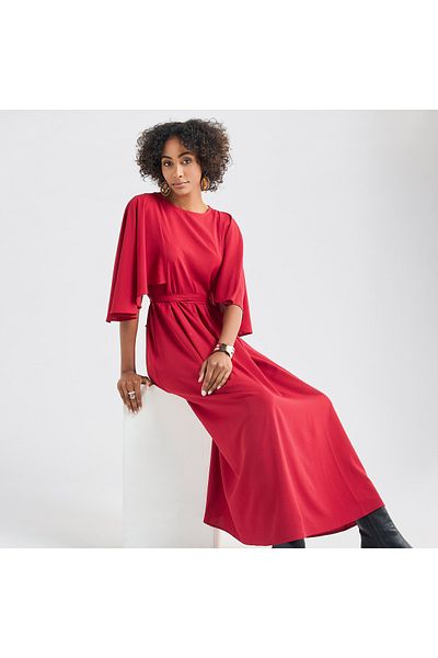 FAV Solid Midi Dress with Flutter Sleeves and Tie-Up Belt