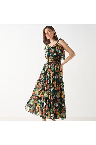 2Xtremz All-Over Floral Print Sleeveless Dress with Shirred Detail