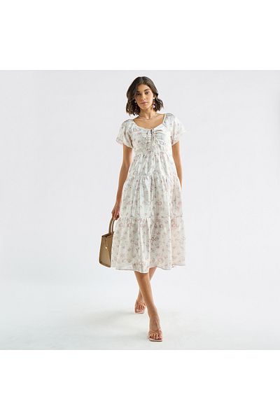 FAV Floral Print Tiered Dress with Sweetheart Neck and Short Sleeves