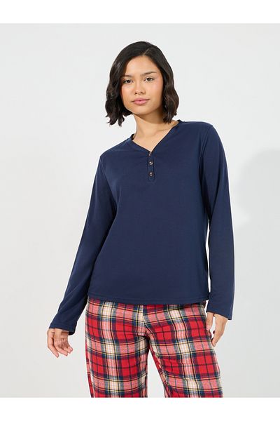Styli Long Sleeves Placket T-Shirt & Check Piped Pyjama Set