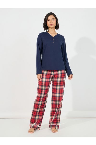 Styli Long Sleeves Placket T-Shirt & Check Piped Pyjama Set
