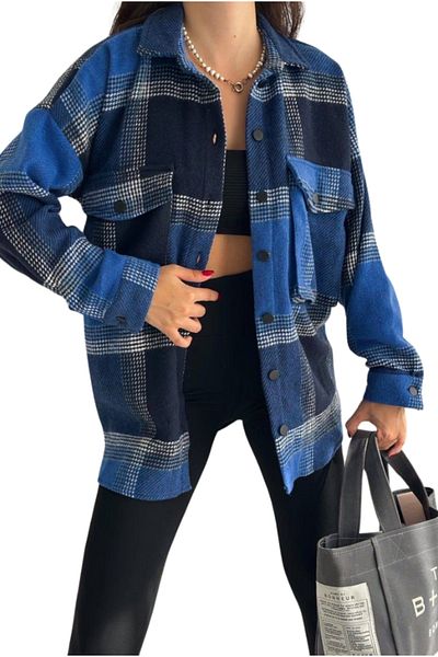 Cassime Jachetă de cămașă de lumberjack cu buzunar supradimensionat Saks albastru pentru femei