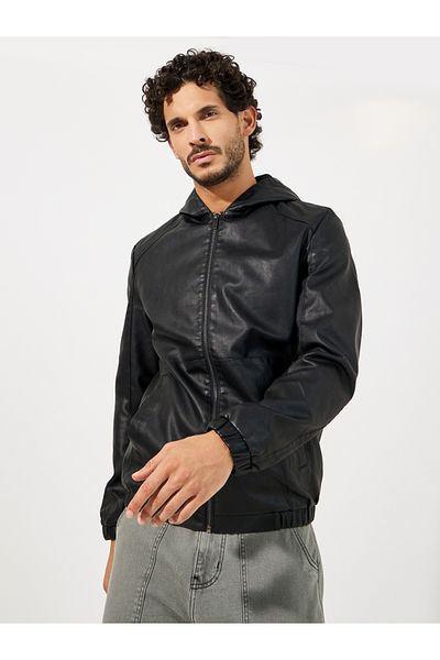 Styli Leather Look Hooded Biker Jacket with Zip Detail