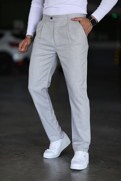 Bürke Men's Gray Color Double Pleated Waist Semi Elastic Quality Comfortable Winter Trousers
