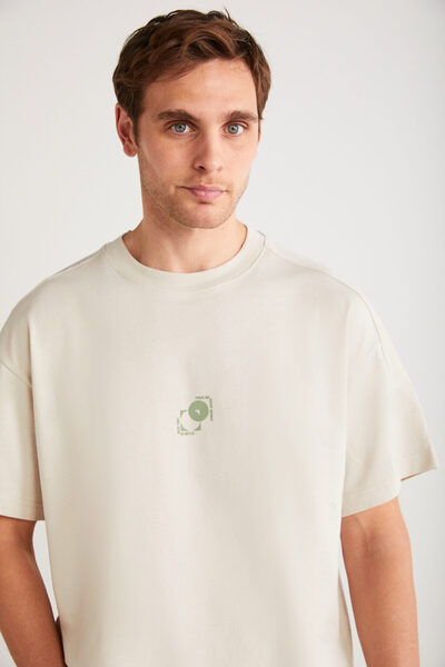 GRIMELANGE Denver Men's - Stone Color Oversize Crew Neck 100% Organic Cotton T-Shirt