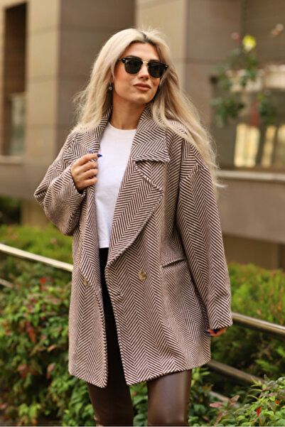 Moda Palmiss oversized Καφέ Παλτό Καστανό - Μοτίβο Ψαροκόκαλο και Φόδρα