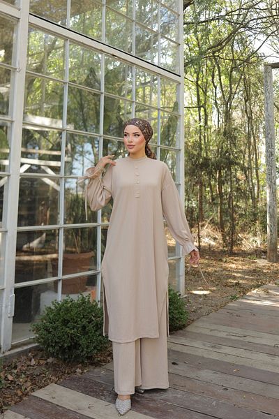 Nissra Ankanoor Μπεζ Λεπτομερές Πλεκτό Παντελόνι Σετ Anka 256020
