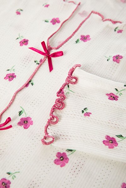 koza iç giyim Kadın Pamuklu Çıtır Çiçek Desenli Baby Overloklu Fiyonk Detaylı Uzun Kollu Pijama Takımı