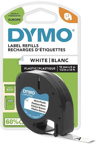 Dymo S0721660, Πλαστική κορδέλα Letratag (12 mm X 4 Mt), Λευκό (59422)