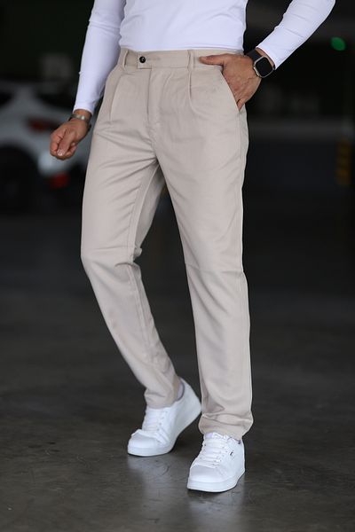 Bürke Men's Cream Color Double Pleated Waist Semi Elastic Quality Comfortable Winter Trousers