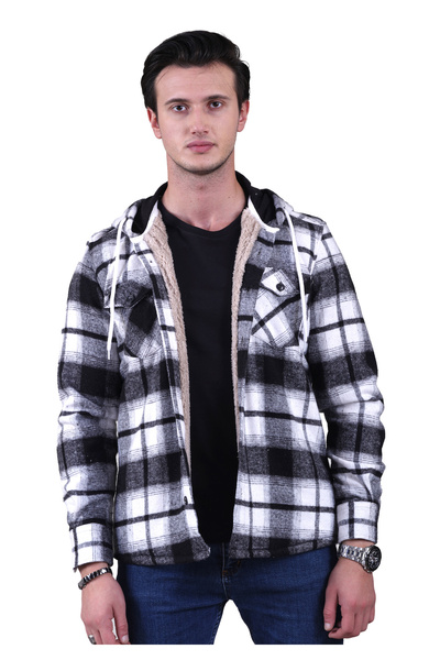 Exve Exclusive Siyah Beyaz Ekose Kareli Kapüşonlu Içi Yün Kürklü Kışlık Oduncu Ceket Gömlek