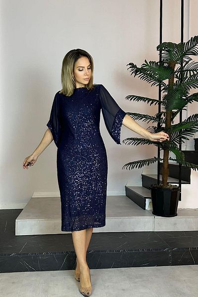 gesmoda G0727 Chiffon Sleeve Detailed Sequin Evening Dress Navy Blue
