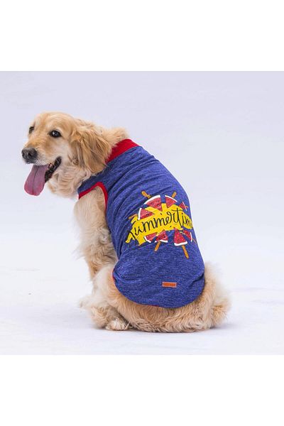 Pawstar Summer Time Navy Blue Large Dog T-Shirt - Dog Apparel (15 KG-45 KG)