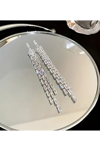 ER TAKI Gümüş Renkli Taşlı Uzun Sallantılı Şık Nişan Kına Nikah Düğün Abiye Küpe