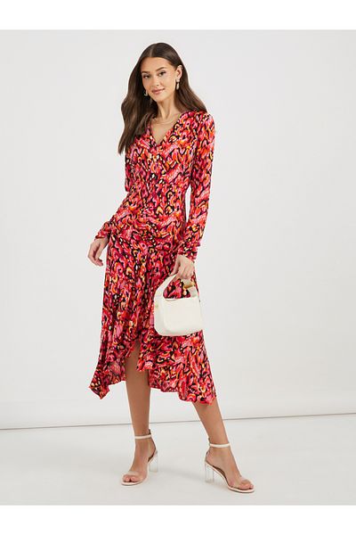 Styli Asymmetric Ruffle Hem Shirt Midi Dress