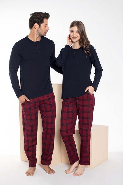 bie's Σετ Πυτζάμες Couple Lover - Navy Blue Claret Red καρό, Modal μακρυμάνικο - 1 τμχ
