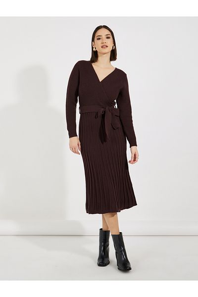 Styli Textured Knit Sweater Midi Dress with Tie Belt