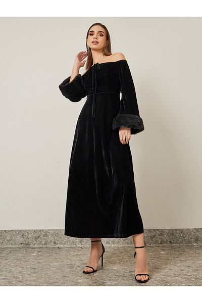 Styli Faux Fur Trim Velvet A-Line Maxi Dress