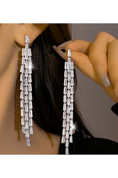 ER TAKI Silver Colored Stone Long Dangle Stylish Engagement Henna Wedding Wedding Evening Dress Earrings