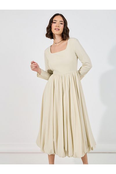 Styli Long Sleeves Bubble Hem Detail Midi Dress
