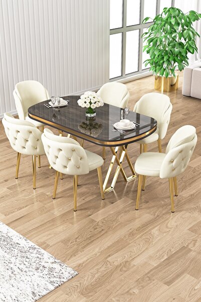 Canisa Ela Serisi Lak Panel Antrasit Ironi Gold Ayak Masa Takımı Ve 6 Krem Sa...