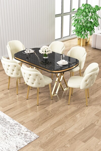Canisa Ela Serisi Lak Panel Siyah Mermer Desen Gold Ayak Masa Takımı Ve 6 Kre...