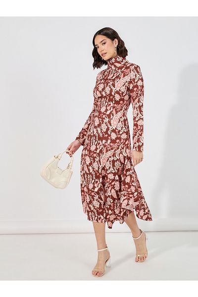 Styli Floral Print Asymmetric Hem A-Line Midi Dress