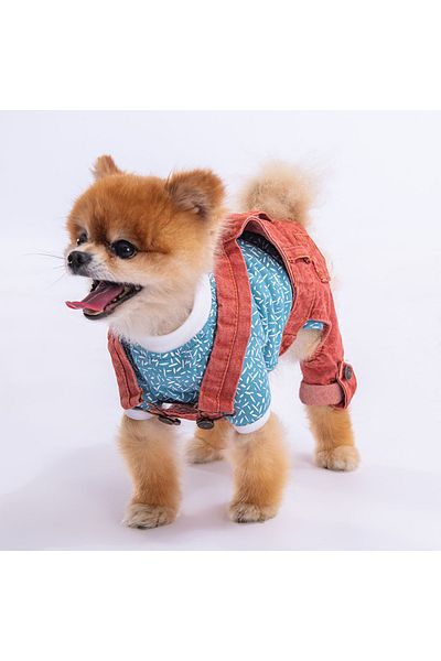 Pawstar Red Denim Salopet T-Shirt Combination Dog Apparel Dog T-Shirt - Overalls Combination