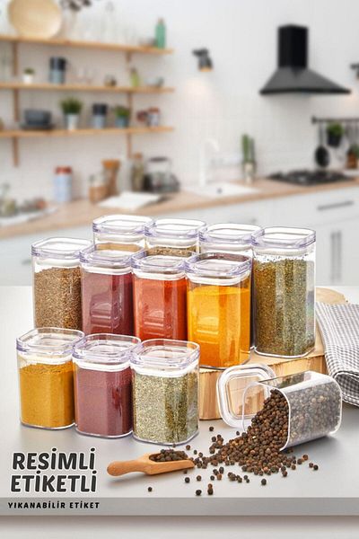 Comprox 6-Piece Acrylic Vacuum Square Spice Bowl Set with Illustrated Label 300 Ml - Leak Proof Spice Bowl Set