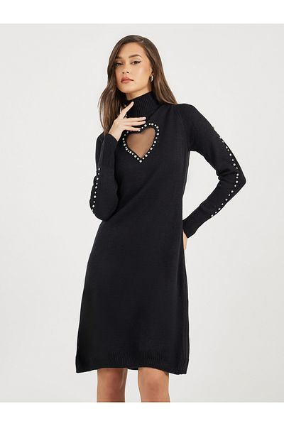 Styli Heart Cut Out Embellished Sweater Knee Length Dress