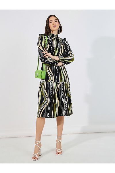 Styli Abstract Print Shirred A-Line Midi Dress