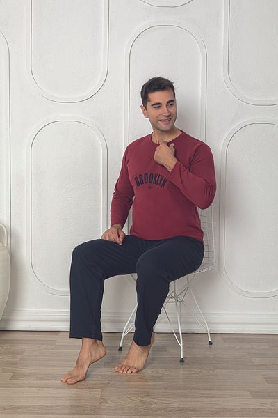 Sude HOMEWEAR Men's Burgundy Color Long Sleeve Pajama Set