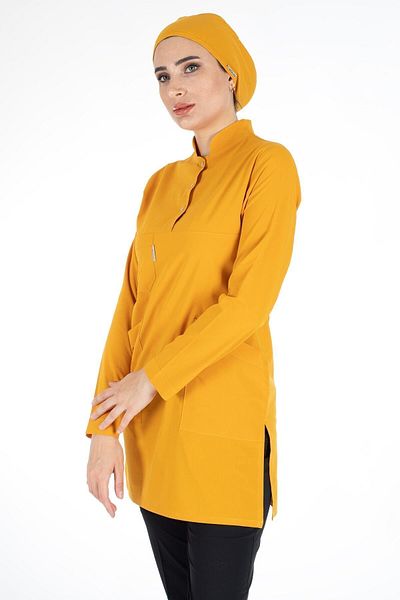 Alsancak Üniforma Μουστάρδα/μαύρο λεπτό ύφασμα Lycra Hijab Nurse Jersey and Hijab Doctor Jersey Set