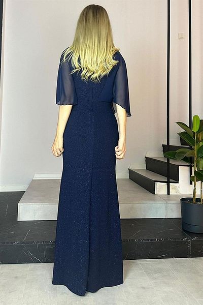 gesmoda G0598 Stone Detailed Chiffon Sleeve Maxi Evening Dress Navy Blue