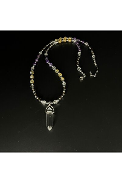 YILDIZ DOĞAL TAŞ Sertifikalı Kristal Kuvars Dumanlı Kuvars Sitrin Ametist Doğal Taş Çivi Model Kolye 55cm