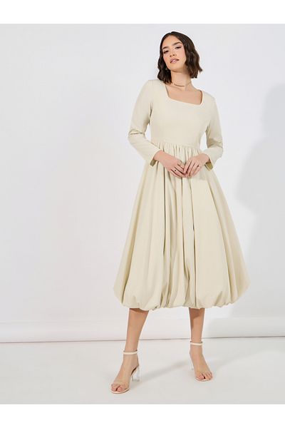 Styli Long Sleeves Bubble Hem Detail Midi Dress