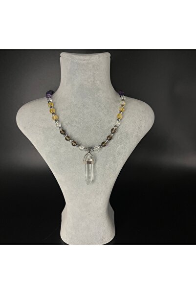 YILDIZ DOĞAL TAŞ Sertifikalı Kristal Kuvars Dumanlı Kuvars Sitrin Ametist Doğal Taş Çivi Model Kolye 55cm