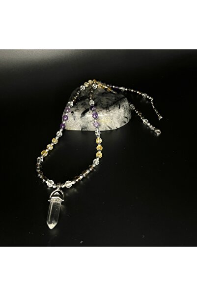 YILDIZ DOĞAL TAŞ Sertifikalı Kristal Kuvars Dumanlı Kuvars Sitrin Ametist Doğal Taş Çivi Model Kolye 55cm